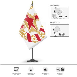 A mockup of the custom flag 'Khursashkija flag' as a desk flag and small hand waving flag