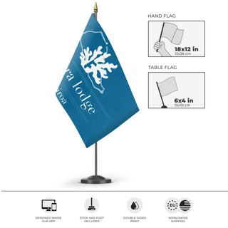 A mockup of the custom flag 'Rangi flag' as a desk flag and small hand waving flag