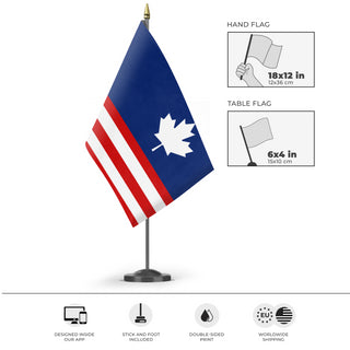 A mockup of the custom flag 'Republic of West Canada flag' as a desk flag and small hand waving flag