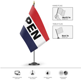 A mockup of the custom flag 'Open Flag' as a desk flag and small hand waving flag