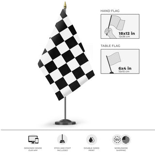 A mockup of the custom flag 'Black and white Checkered Racing Flag' as a desk flag and small hand waving flag