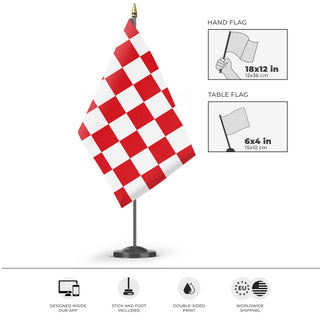 A mockup of the custom flag 'Red and White Checkered Flag' as a desk flag and small hand waving flag