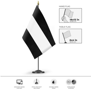 A mockup of the custom flag 'Black and White Striped Flag' as a desk flag and small hand waving flag