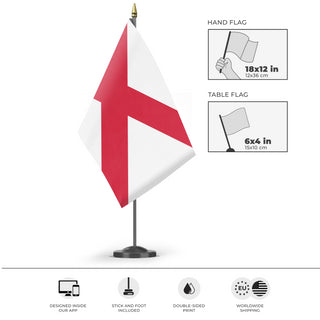 A mockup of the custom flag 'Racing White with Red Cross Flag' as a desk flag and small hand waving flag