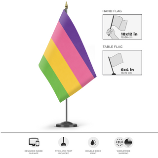 A mockup of the custom flag 'Lesbian 4 color flag' as a desk flag and small hand waving flag