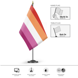 A mockup of the custom flag 'Orange Lesbian Flag' as a desk flag and small hand waving flag