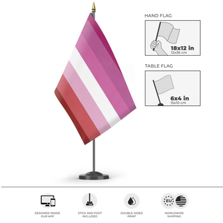 A mockup of the custom flag 'Lesbian Pride Flag' as a desk flag and small hand waving flag