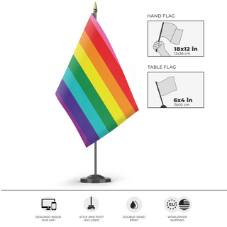 A mockup of the custom flag 'Original Flag' as a desk flag and small hand waving flag