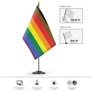 A mockup of the custom flag 'Philadelphia Pride Flag' as a desk flag and small hand waving flag