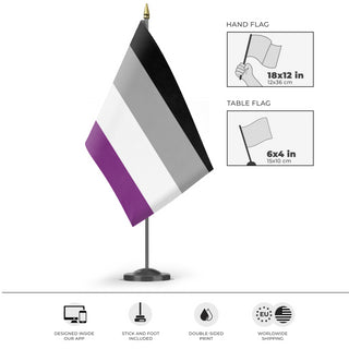 A mockup of the custom flag 'Asexual Flag' as a desk flag and small hand waving flag