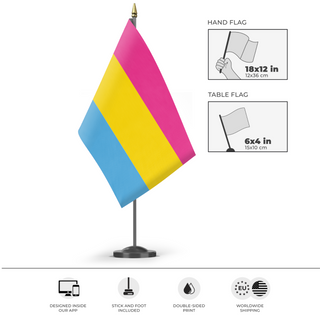 A mockup of the custom flag 'Pansexual Flag' as a desk flag and small hand waving flag