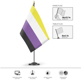 A mockup of the custom flag 'Nonbinary Flag' as a desk flag and small hand waving flag