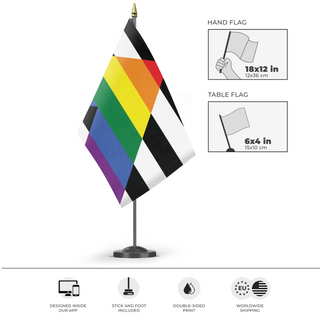 A mockup of the custom flag 'Straight Ally Flag' as a desk flag and small hand waving flag