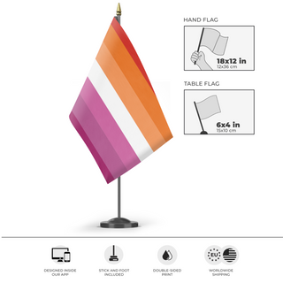 A mockup of the custom flag 'Lesbian Flag' as a desk flag and small hand waving flag