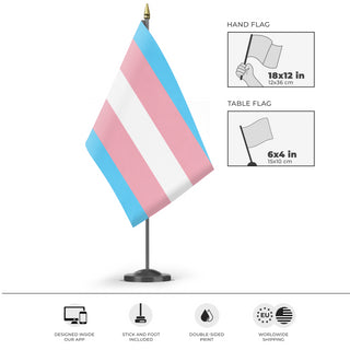 A mockup of the custom flag 'Transgender Flag' as a desk flag and small hand waving flag