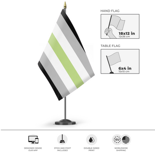A mockup of the custom flag 'Agender Flag' as a desk flag and small hand waving flag