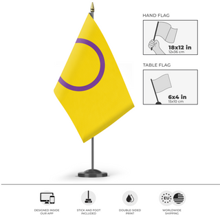 A mockup of the custom flag 'Intersex Flag' as a desk flag and small hand waving flag