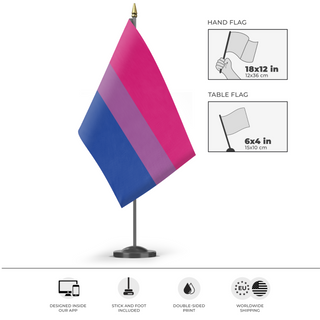 A mockup of the custom flag 'Bisexual Flag' as a desk flag and small hand waving flag
