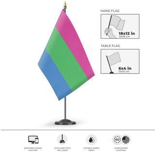 A mockup of the custom flag 'Polysexual Flag' as a desk flag and small hand waving flag