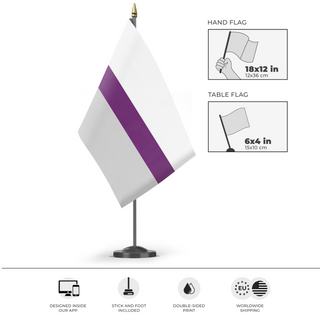 A mockup of the custom flag 'Demisexual Flag' as a desk flag and small hand waving flag
