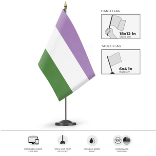 A mockup of the custom flag 'Genderqueer Flag' as a desk flag and small hand waving flag