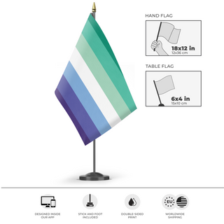 A mockup of the custom flag 'Gay Man Flag' as a desk flag and small hand waving flag