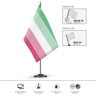 A mockup of the custom flag 'Abrosexual Flag' as a desk flag and small hand waving flag