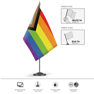 A mockup of the custom flag 'Intersex Progress Flag' as a desk flag and small hand waving flag
