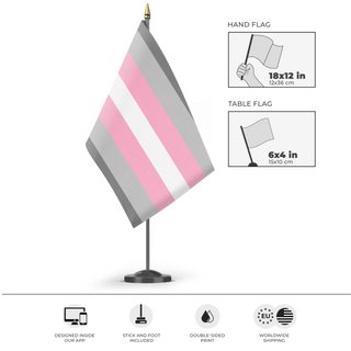 A mockup of the custom flag 'Demigirl Flag' as a desk flag and small hand waving flag