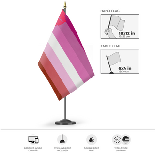 A mockup of the custom flag 'Lipstick Lesbian Flag' as a desk flag and small hand waving flag