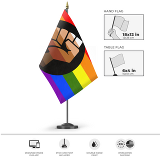 A mockup of the custom flag 'Queer People of Color Flag' as a desk flag and small hand waving flag