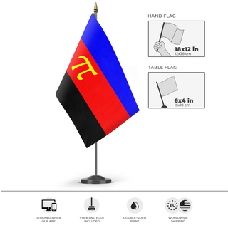 A mockup of the custom flag 'Polyamory Flag' as a desk flag and small hand waving flag