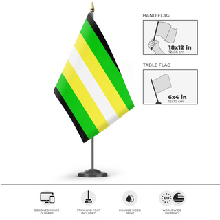 A mockup of the custom flag 'Metagender Flag' as a desk flag and small hand waving flag
