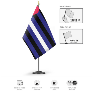 A mockup of the custom flag 'Leather flag' as a desk flag and small hand waving flag