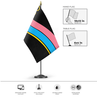 A mockup of the custom flag 'Latex flag' as a desk flag and small hand waving flag