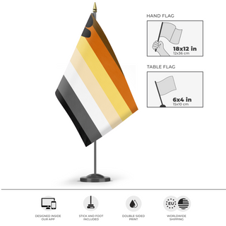 A mockup of the custom flag 'Bear Brotherhood flag' as a desk flag and small hand waving flag