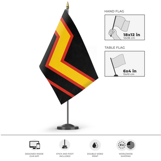 A mockup of the custom flag 'Rubber Pride Flag' as a desk flag and small hand waving flag