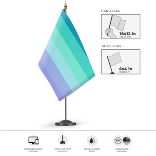 A mockup of the custom flag 'Neptunic Pride Flag' as a desk flag and small hand waving flag