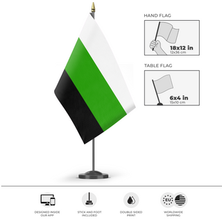 A mockup of the custom flag 'Neutrios Flag' as a desk flag and small hand waving flag