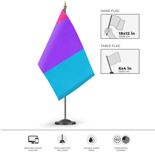 A mockup of the custom flag 'Androgyne Flag' as a desk flag and small hand waving flag