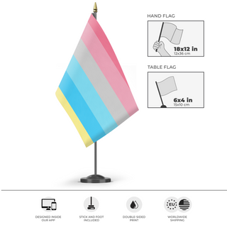 A mockup of the custom flag 'Genderflux Flag' as a desk flag and small hand waving flag