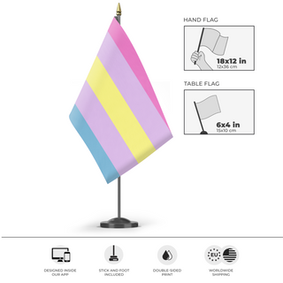 A mockup of the custom flag 'Apogender Flag' as a desk flag and small hand waving flag
