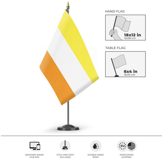 A mockup of the custom flag 'Maverique Pride Flag' as a desk flag and small hand waving flag