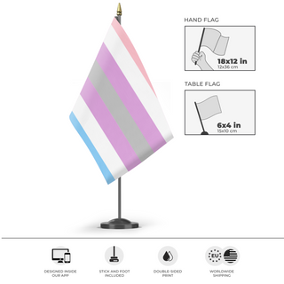 A mockup of the custom flag 'Intergender Flag' as a desk flag and small hand waving flag