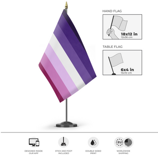 A mockup of the custom flag 'Moon Lesbian Flag' as a desk flag and small hand waving flag