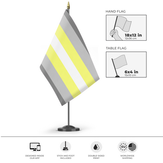 A mockup of the custom flag 'Demigender/Deminonbinary Flag' as a desk flag and small hand waving flag