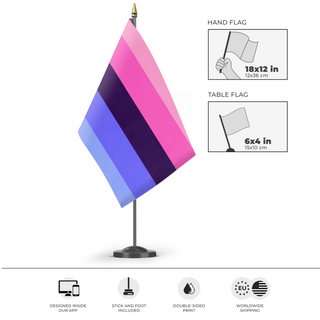 A mockup of the custom flag 'Omnisexual Flag' as a desk flag and small hand waving flag