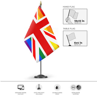 A mockup of the custom flag 'British Union Jack Pride Flag' as a desk flag and small hand waving flag