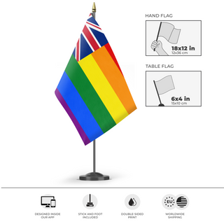 A mockup of the custom flag 'British Colonial Pride Flag' as a desk flag and small hand waving flag