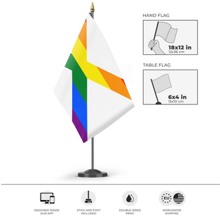 A mockup of the custom flag 'Alabama Pride Flag' as a desk flag and small hand waving flag
